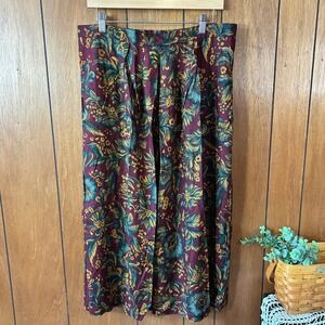 Vintage Floral Print High Waisted Pleated Wide Leg Pants Women's 18W Burgundy